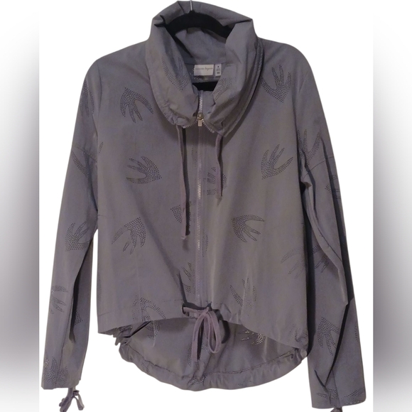 Nanette Lepore -Gray Zip-Up Jacket,Ruched Sleeves, Sparrow Design, Front Pockets - Picture 4 of 15